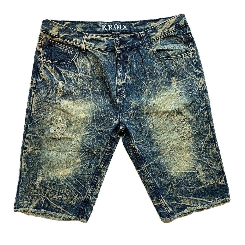 Kroix Jean Denim Shorts Mens 38 (39") Distressed Acid Wash Relaxed Faded Raw Hem